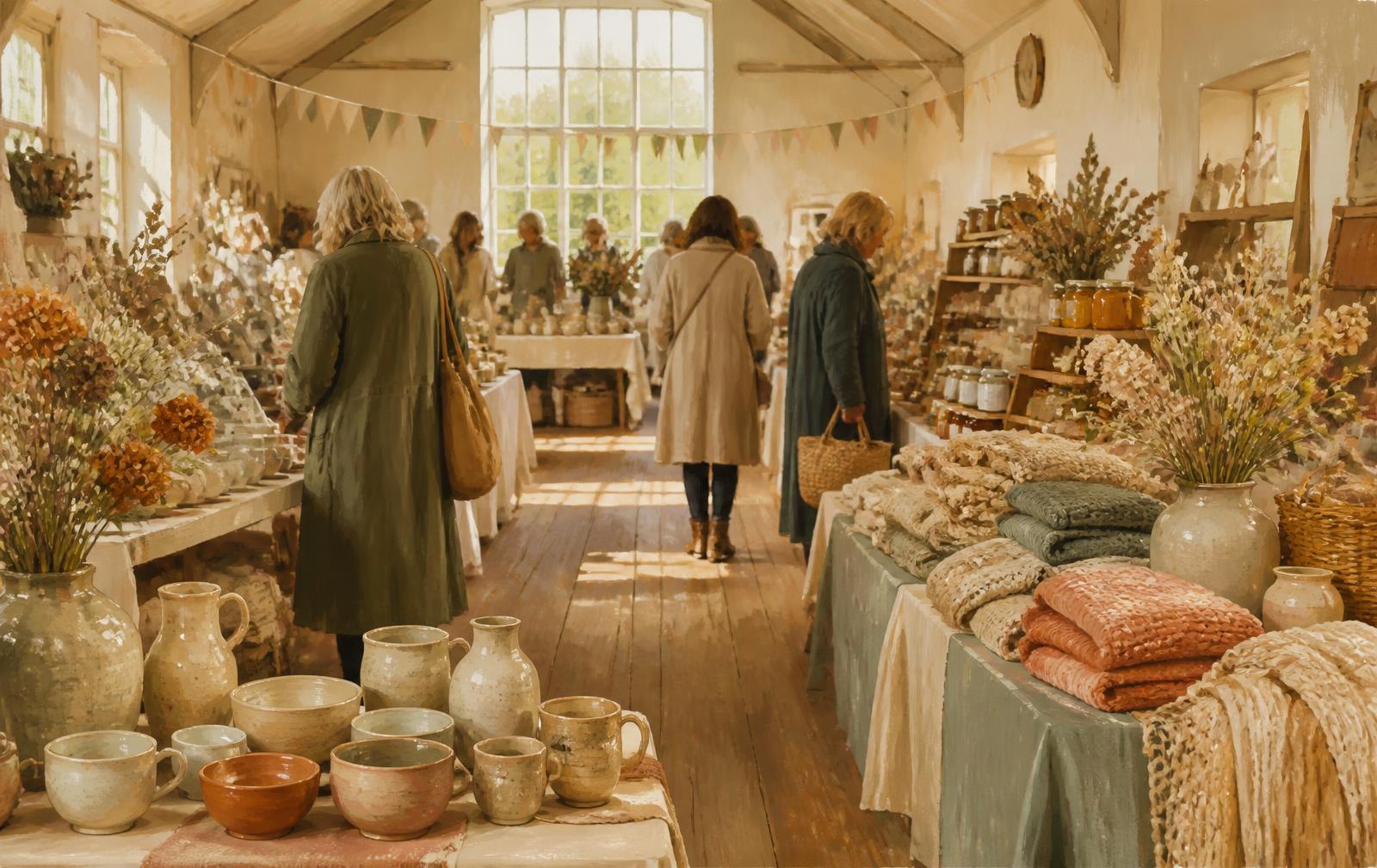 An illustration of a craft makers' market inside the hall