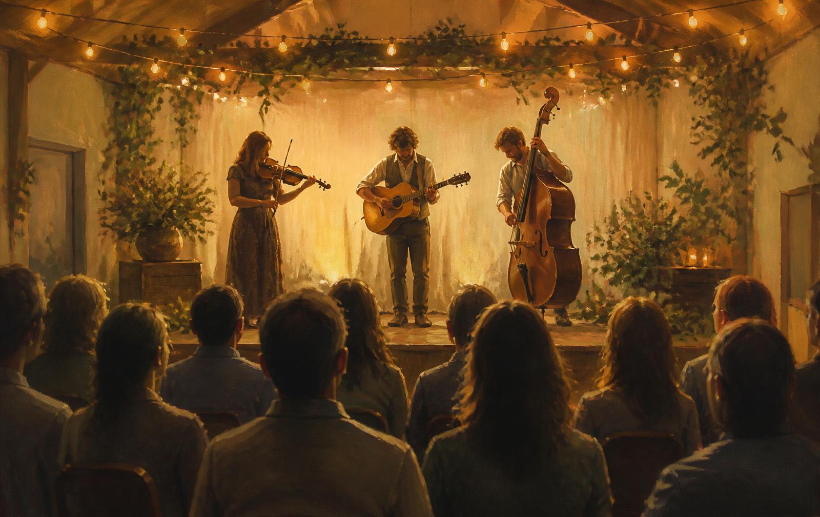 An illustration of a folk music evening in the hall